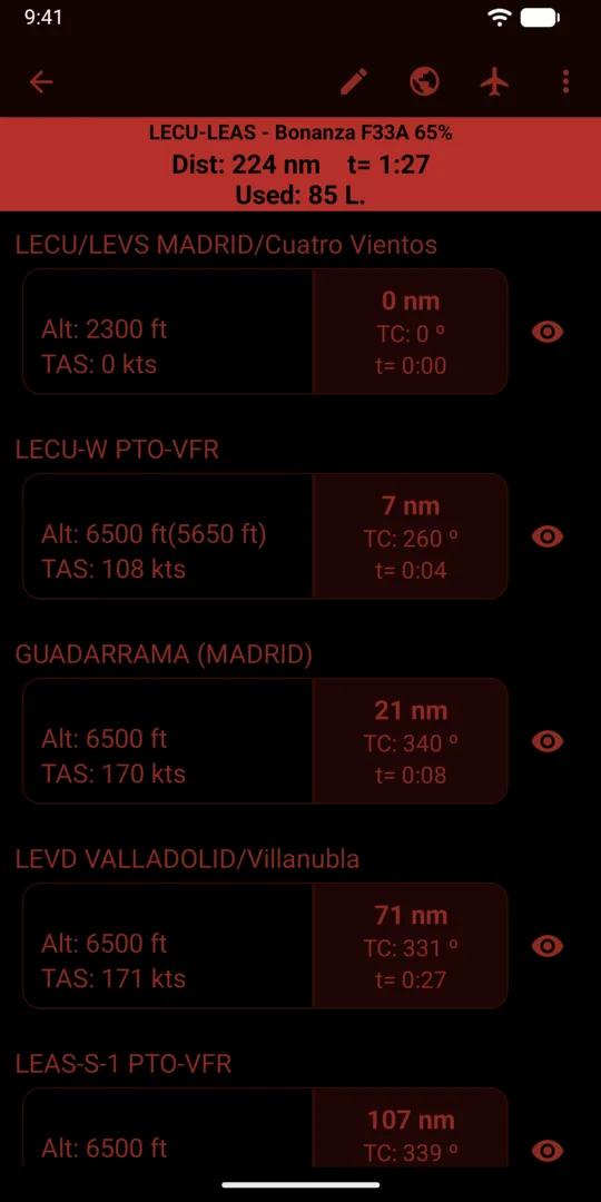 Route in red night flight mode