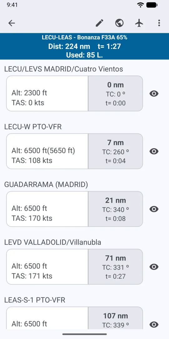 Route with its legs, distances, times and fuel used