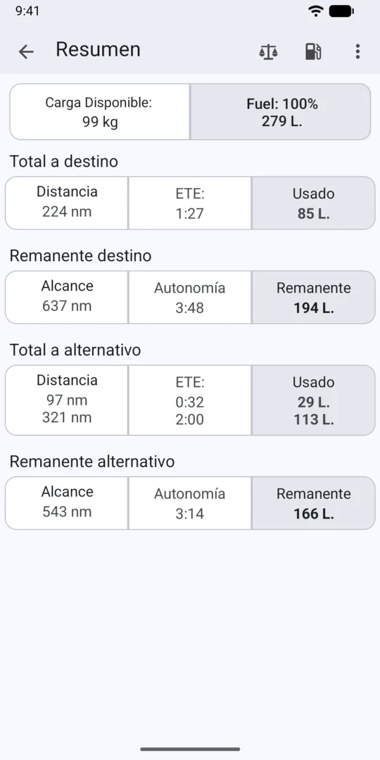 Resumen del combustible en el destino y en el alternativo